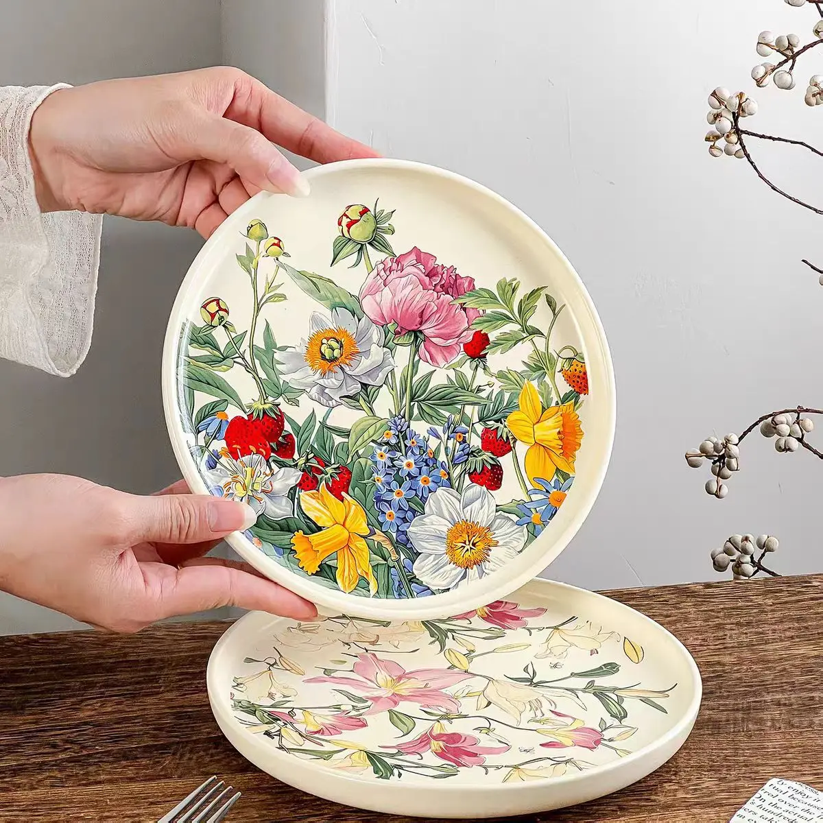 Vintage Collectible Dishes - Piring Keramik Bunga Romantis Kreatif, Piring