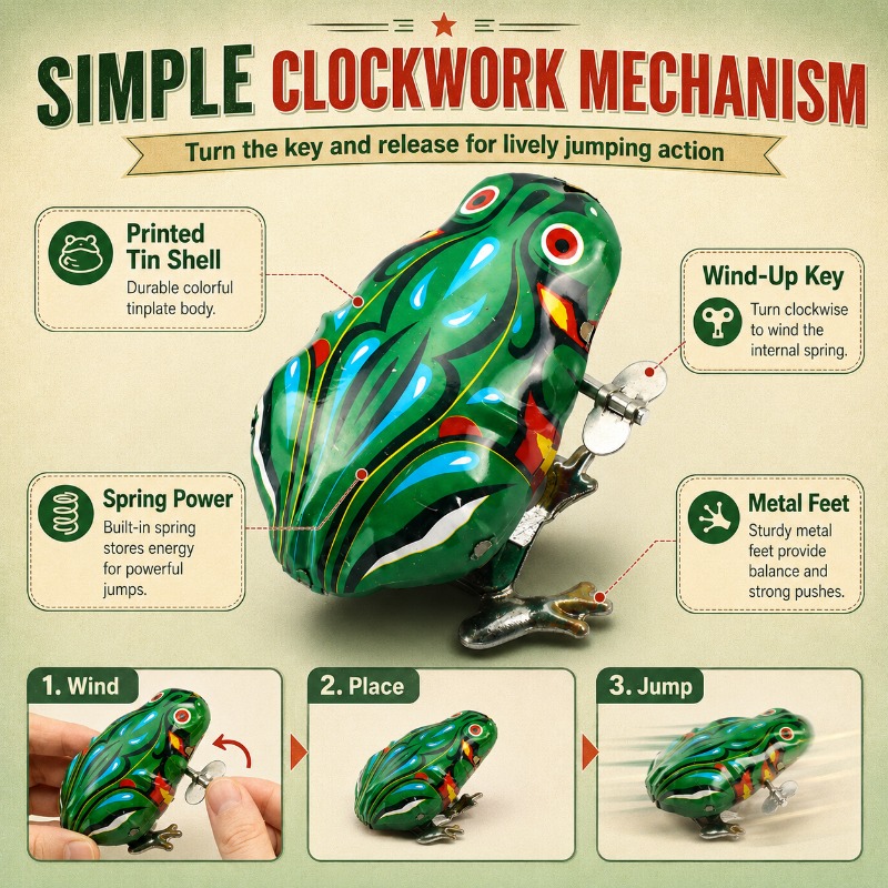 Vintage Collectible Toys - Katak Kaleng Mekanis Putar dengan Pegas