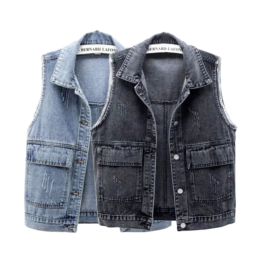 Vintage Collectible Buttons - Denim berjumbai Vintage tanpa lengan longgar